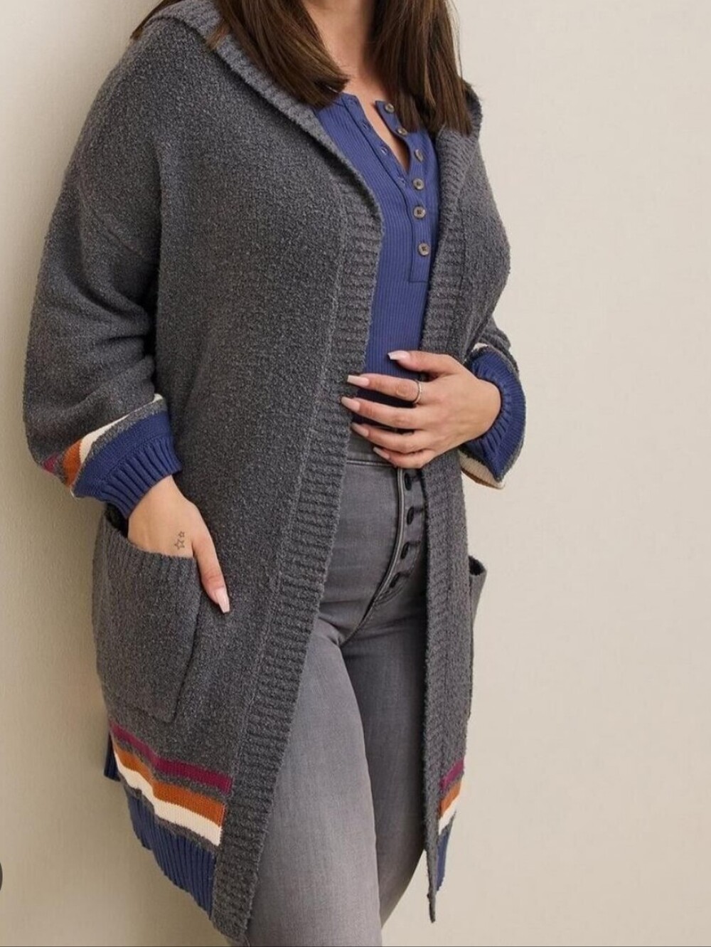 Torrid Cozy Charcoal Hooded Open-Front Cardigan with Stripe Detail 2X